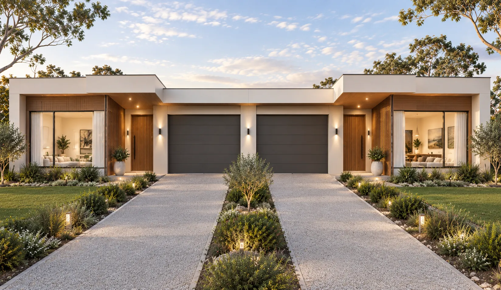 Single-storey dual-occupancy investment home with parapet roofline