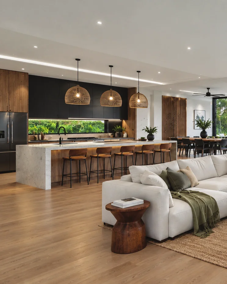 Open-plan kitchen and living at Pomona by Sutton Building